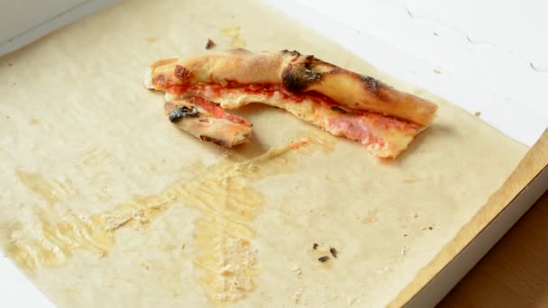 Pizzareste sammeln sich in Pizzaschachtel - Nahaufnahme — Stockvideo