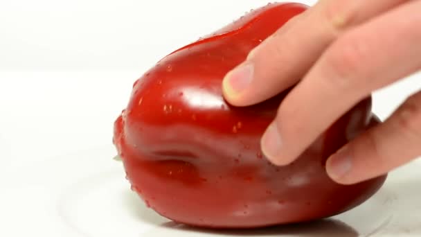 Male cuts red pepper - white background studio — Stock Video