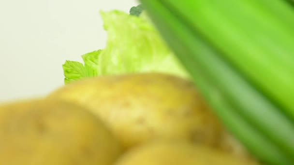 Healthy food - vegetables and fruits - white background studio - closeup — Stock Video