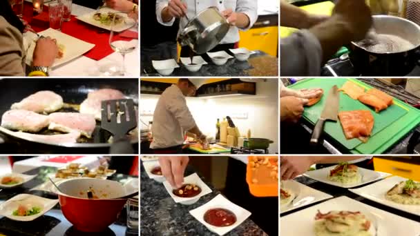 Kompilacja 4K (Montage)-kucharze przygotowują jedzenie (posiłki) w domu-ludzie jedzą — Wideo stockowe