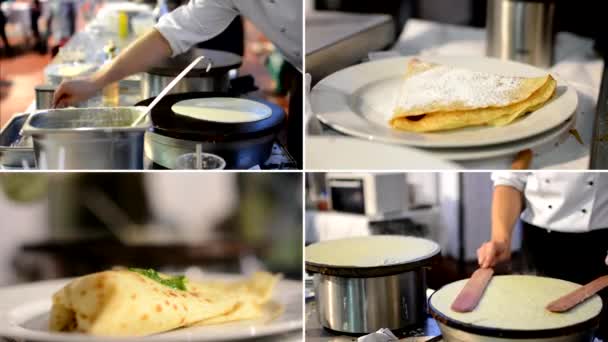 4K montage (sammanställning)-kocken förbereder en pannkaka-kock ger ingredienserna på pannkakor på tallriken - — Stockvideo