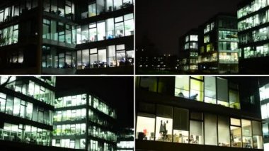 4k montaj (derleme) - iş binaları (ofisler) - gece - ışıklı pencereler - şehir - ağaç