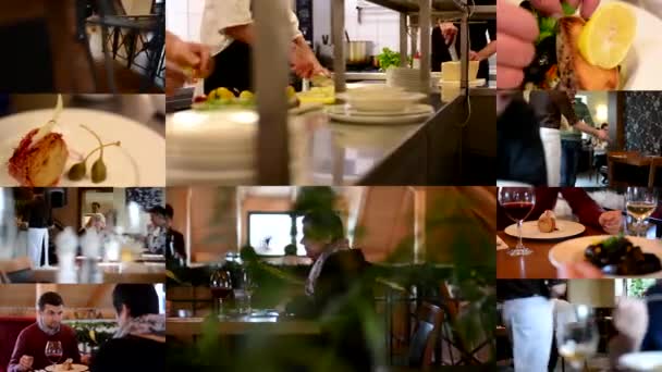 Praag, Tsjechische Republiek-28 november 2014:4k montage (compilatie)-restaurant-happy couple zit en praat-ober vervoert maaltijden-chefs bereidt voedsel-detail van voedsel — Stockvideo