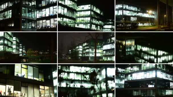 Montaje 4K (compilación) - edificios comerciales (oficinas) - noche - ventanas con luces - ciudad - árbol — Vídeo de stock