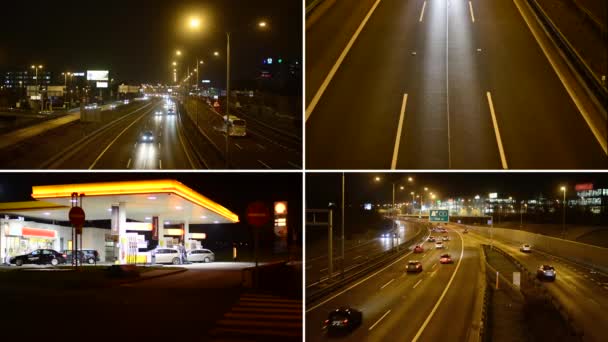 Praag, Tsjechische Republiek-16 januari 2015:4k montage (compilatie)-tankstation (oliepomp) shell in de stad-met auto's en mensen-nacht autosnelweg-lichten — Stockvideo