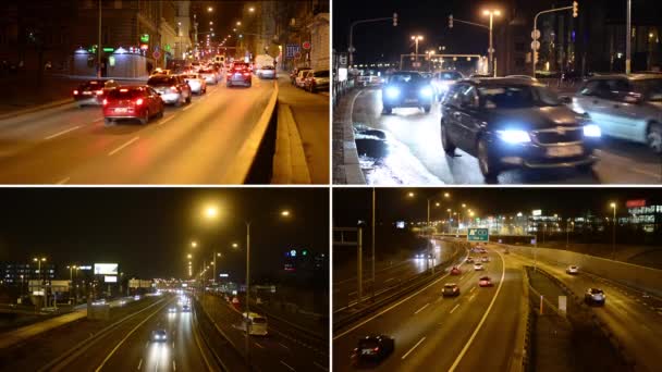 Prag, Tjeckien-21 februari 2015:4K montage (sammanställning)-Night Highway Road med bilar-Night City-Lights — Stockvideo