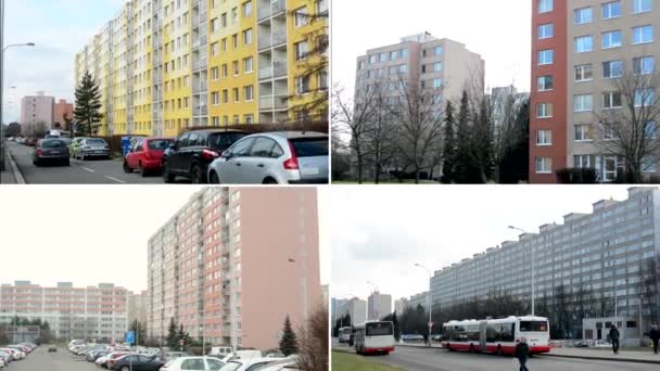 REPUBBLICA CECA, PRAGA - 4 FEBBRAIO 2014: 4K compilation (montaggio) - housing estate (grattacielo di appartamenti) con natura e parcheggio - persone — Video Stock