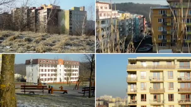 REPÚBLICA CHECA, PRAGA - 4 DE FEBRERO DE 2015: Montaje 4K (compilación) - edificios con naturaleza (hierba) - mañana soleada - parque infantil vacío — Vídeos de Stock