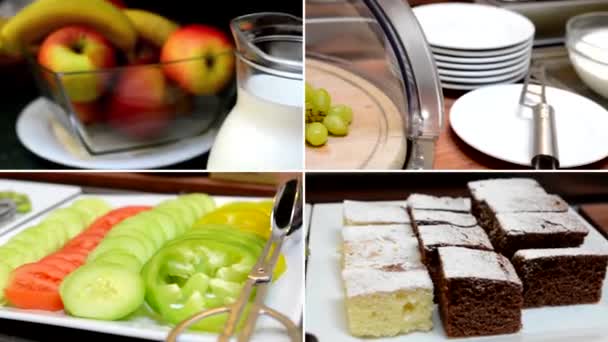 4K монтаж (сборник) - стол с едой - шведский стол - завтрак - фрукты, молоко, сыр, хлебобулочные изделия и т.д. . — стоковое видео
