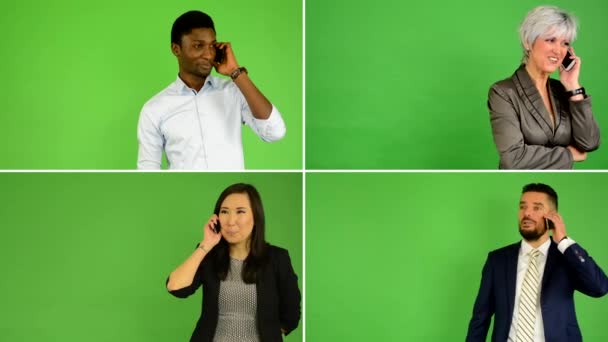 4k összeállítás (montázs)-emberek telefon-val smartphone (kaukázusi asszony és ember, ázsiai asszony, fekete ember)-zöld képernyő Műterem — Stock videók