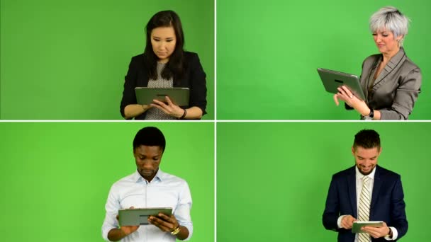 4K compilation (montage) - people work on tablet (caucasian woman and man, asian woman, black man) - green screen studio — Stock Video