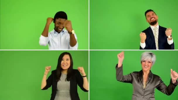 4K compilation (montage) - people rejoice (caucasian woman and man, asian woman, black man) - green screen studio — Stock Video