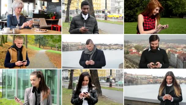 4k összeállítás (montázs)-multikulturális emberek dolgoznak a mobiltelefon-utca, Park, kávézó stb.. — Stock videók