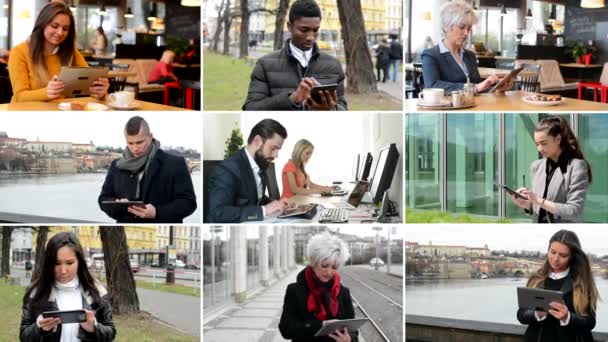 4k derleme (montaj) - çok kültürlü insanlar tablet üzerinde çalışmak - sokak, park, kafe vb.