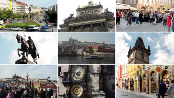 PRAGA, REPÚBLICA CHECA - SEPTIEMBRE, 2014: 4K compilación (montaje) - lugares interesantes en Praga - edificios y estatuas - Puente de Carlos - personas caminando — Vídeos de Stock