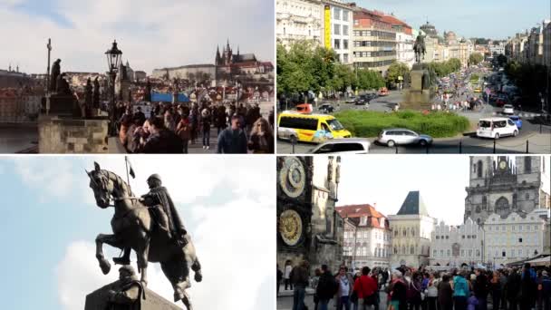 프라하, 체코 - 2014년 9월 : 4K 편집 (몽타주) - 프라하의 흥미로운 장소 - 건물과 동상 - 찰스 다리 - 걷는 사람들 — 비디오