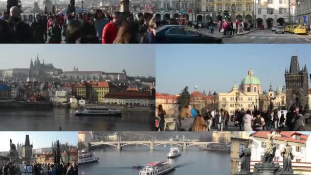 PRAGA, REPÚBLICA CHECA - SEPTIEMBRE, 2014: compilación 4K (montaje) - lugares interesantes en Praga - edificios y estatuas - puente Charles - personas caminando - timelapse — Vídeos de Stock