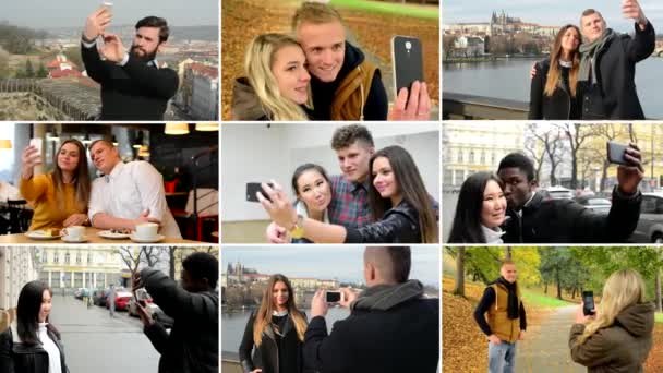 4k compilatie (montage)-gelukkige multiculturele mensen nemen foto (selfie)-straat, hal, Park en brug — Stockvideo