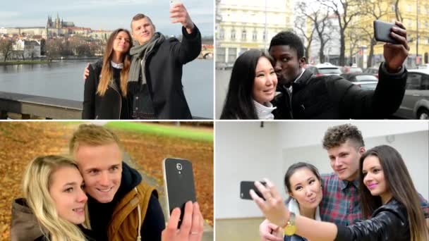 4k kompilace (MONTAGE)-šťastní multikulturní lidé fotografovat (selfie)-ulice, hala, Park a most — Stock video