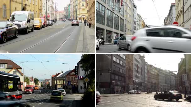 Prága, Cseh Köztársaság-augusztus 20, 2014:4k válogatás (montázs)-városi utcák emberekkel, autóval, villamosok-modern épületek-közúti — Stock videók