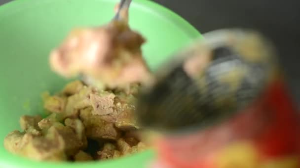 Woman returns dog food from bowl back to tin can — Stock Video