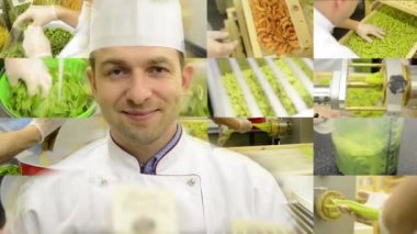 şef kameraya gülümsüyor - montaj (derleme) - makarna üretimi (profesyonel) - tüm süreç