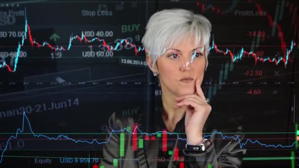 Business middle aged woman thinking - financial market (exchange) - graph — Stock Video