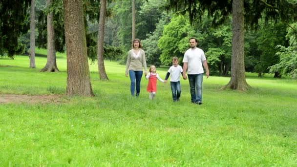 Rodina (blízký pár zamilovaný, roztomilá dívka a malý chlapec) pěšky v parku z dálky do kamery (vedle kamery) — Stock video