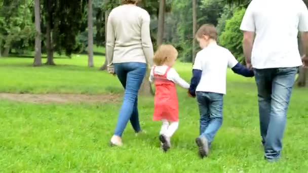 Family (middle couple in love, cute girl and small boy) walking in park from camera (beside camera) to distance — Stock Video