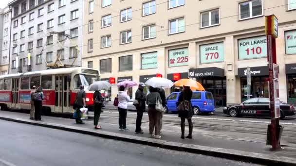 Prága, Cseh Köztársaság-május 30, 2015: villamos utazik a városban (városi utca) és megáll az állomáson — Stock videók