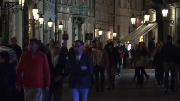 Praha, Česká republika-30. května 2015: noční městská ulice s pěší turistkou-veřejné osvětlení (lampy)-zaostřená — Stock video