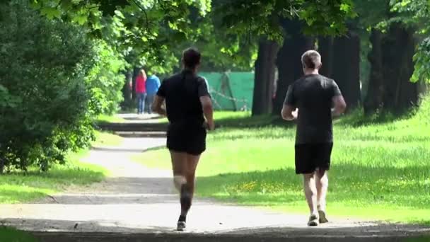 公園 - スポーツ - 詳細 (クローズ アップで実行されている 2 つの男性) — ストック動画