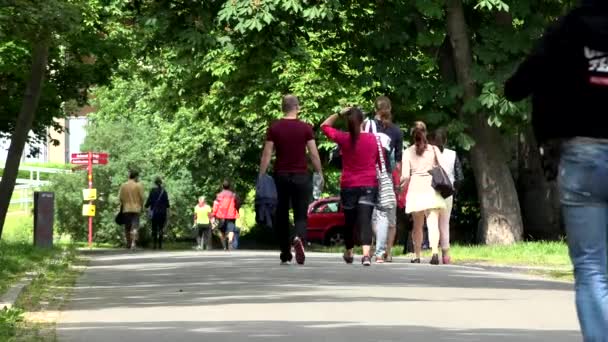 Prague, Tsjechië - 31 mei 2015: mensen wandelen in het park - zomer — Stockvideo