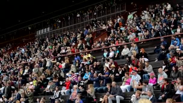 PRAGUE, CZECH REPUBLIC - JUNE 21, 2015: horse races - audience - people cheering the horses - horses running — Stock Video