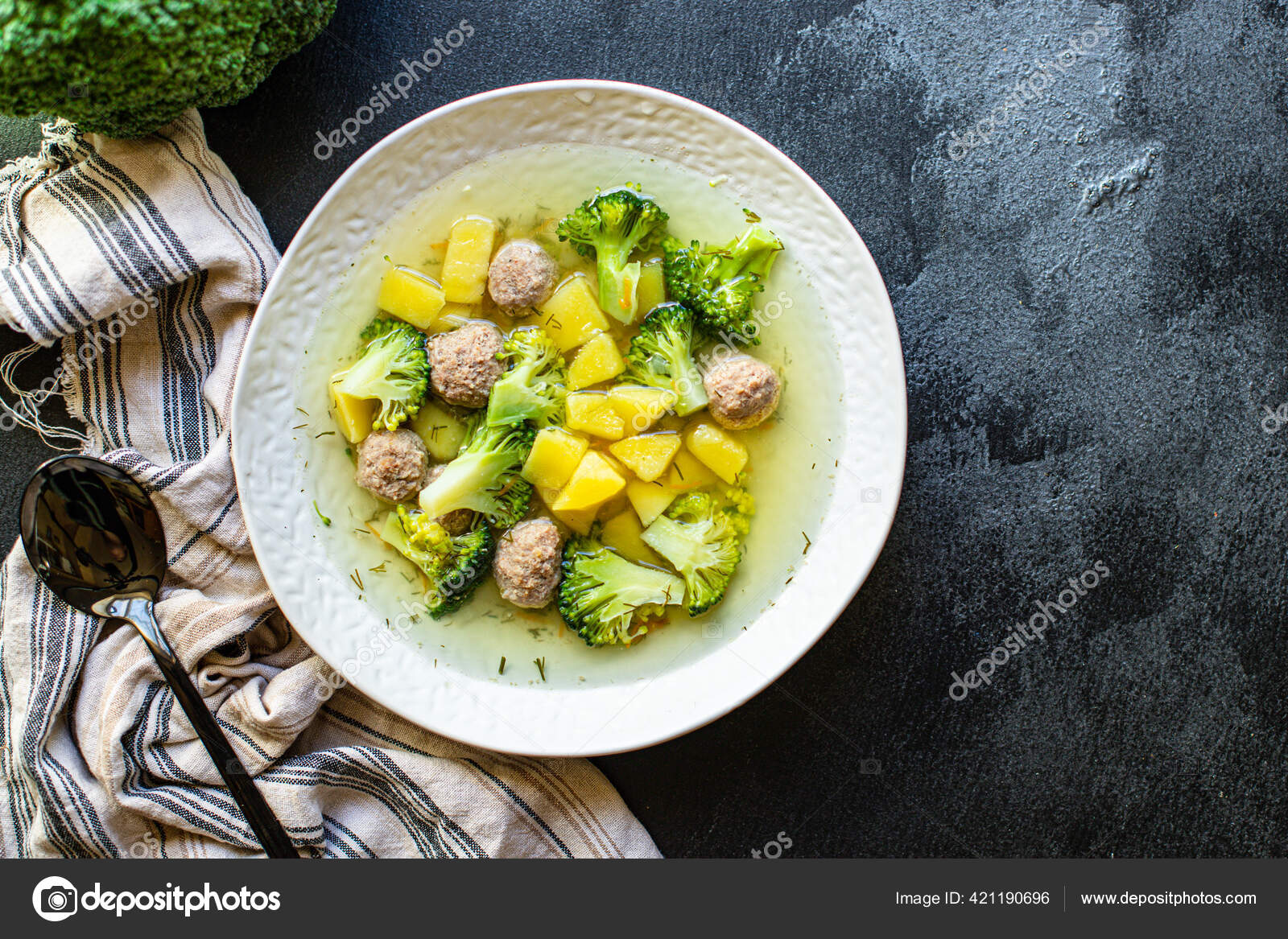 Soup Meatballs Broccoli Vegetables First Course Meat Broth Top View