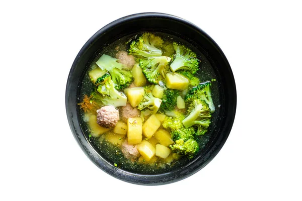 Soep Gehaktballen Broccoli Groenten Voorgerecht Vlees Bouillon Bovenaanzicht Kopieerruimte Voor — Stockfoto