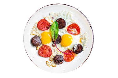 Masanın lezzetli kısmındaki siyah puding ve sebze yemek malzemesi. Arka plandaki metin gıdaları için üst görünüm kopya alanı. 