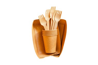 Çevre dostu biyoorganik nişasta tabağı Sıfır atık tek kullanımlık fast food konteynırları Geri dönüştürülmüş materyalden beslenen çatal bıçaklar Plastik ücretsiz gıda arka planı 