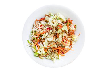 Taze salata sebzeleri Çin lahanası, havuç, soğan, biber ve masadaki daha fazla yemek lezzetli üst görünüm fotokopi alanı metin gıdası arka plan kırsal keto veya paleo diyeti için.