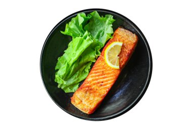 somon balığı kızartılmış bbq ızgara deniz ürünleri lezzetlidir. Üst boy sunar. Arka planda fotokopi çekilir.