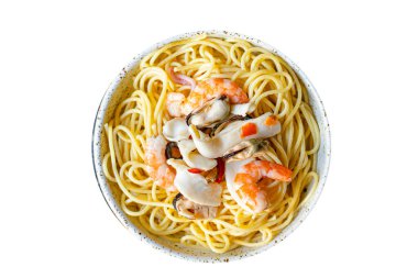 makarna, spagetti, karides, midye ve daha fazla ikinci derece sağlıklı yemek, üst görünüm metin yemek arka planı için fotokopi alanı