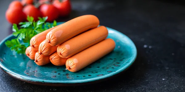 meat sausages pork, beef or chicken ready to eat healthy meal snack natural ingredient top view copy space for text food background rustic