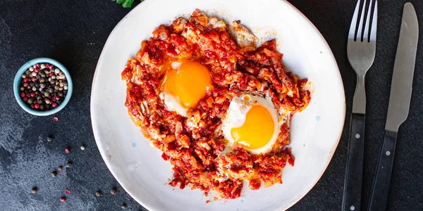 Inglês Pequeno Almoço Ovos Tomate Frito Legumes Shakshuka Omelete Lanche — Fotografia de Stock