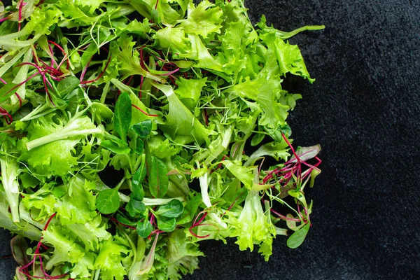 Healthy salad, leaves mix salad mix micro greens, juicy snack ready to cook and eat on the table for healthy meal snack outdoor top view copy space for text food background rustic image keto or paleo