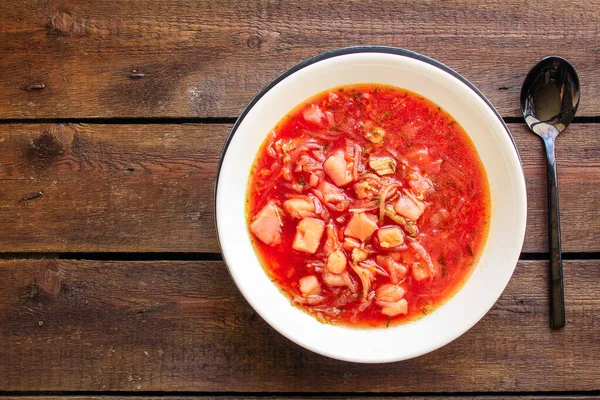 Sopa Tomate Vermelho Borscht Fresco Com Carne Primeiro Prato Yulion — Fotografia de Stock