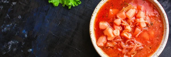 Piros Paradicsom Leves Borscht Friss Első Fogás Bouillon Hús Zöldségek — Stock Fotó