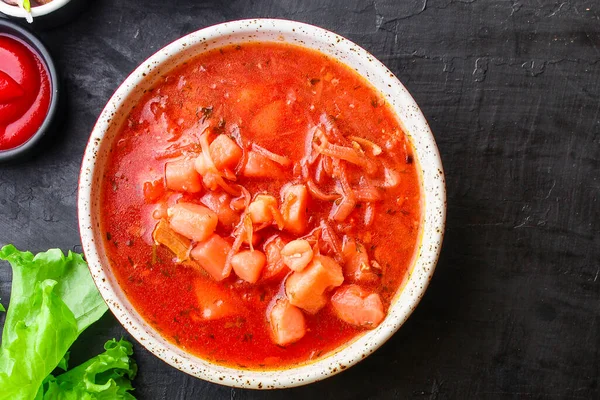 Piros Paradicsom Leves Borscht Friss Első Fogás Bouillon Hús Zöldségek — Stock Fotó