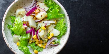 Patates salatası ve mısır marulu ve sebzeler masada sağlıklı yemek için hazır bekliyor açık hava manzaralı fotokopi alanı metin gıdaları arka plan görüntüsü kırsal keto veya paleo diyeti için