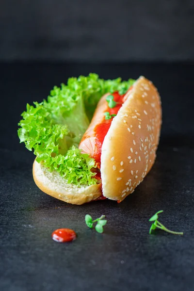 Hot Dog Fast Food Salsicha Sanduíche Molho Tomate Folha Alface — Fotografia de Stock