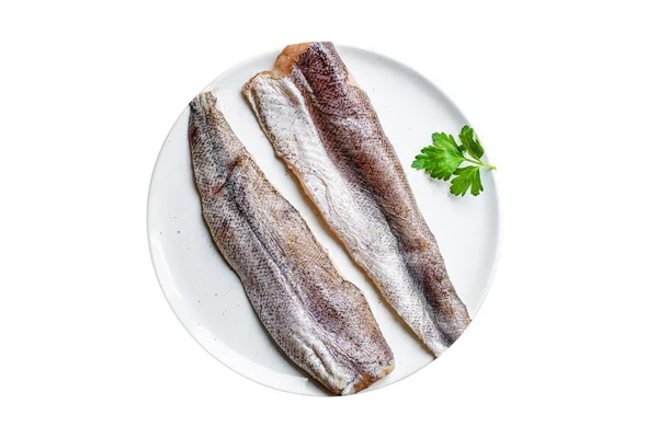 Pescado Merluza Filete Crudo Mariscos Omega Vitamina Listo Para Comer —  Fotos de Stock